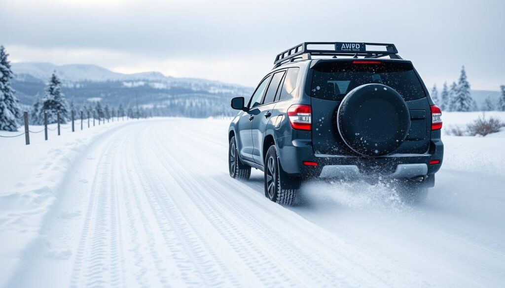 AWD vehicle driving on snowy road