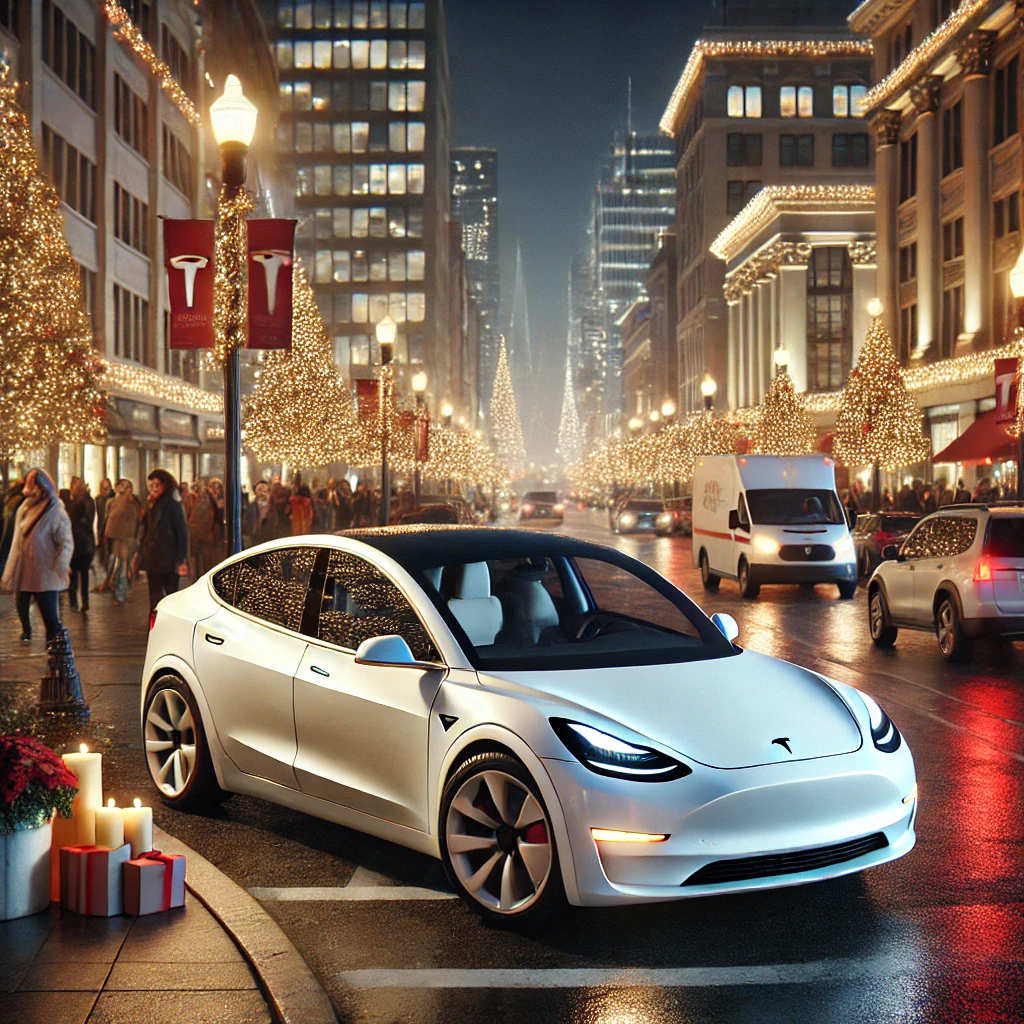 DALL·E 2024 12 25 21.45.20 A white Tesla Model Y Junior parked in a bustling city at night. The setting is festive with Christmas lights strung along buildings streetlights glo