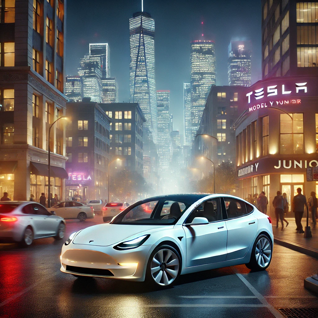 DALL·E 2024 12 25 21.55.56 A white Tesla Model Y Junior car parked in a vibrant city at night. The setting features a modern urban landscape with tall buildings illuminated by c