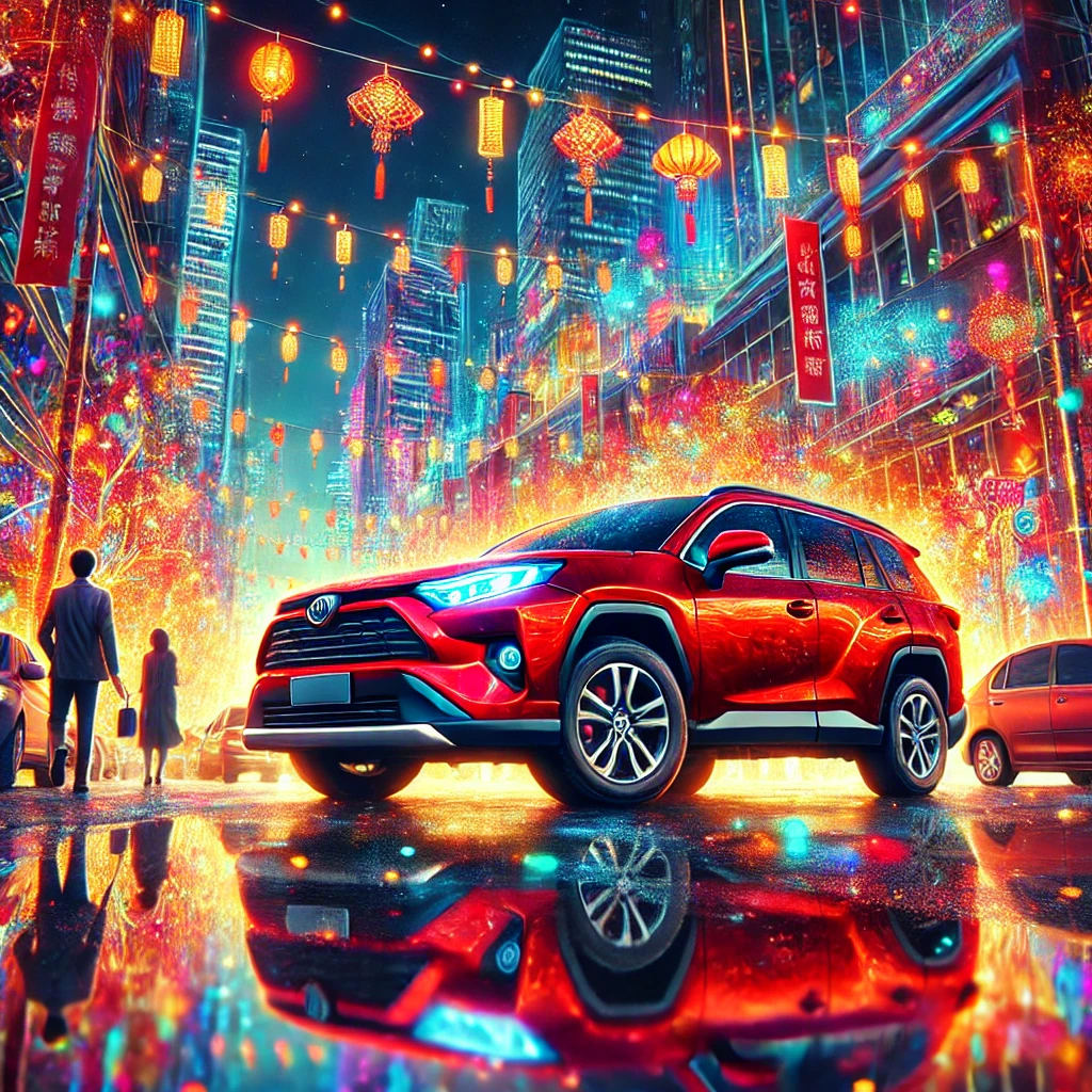 DALL·E 2025 01 01 16.01.14 A vibrant and artistic depiction of a red Toyota RAV4 in a bustling city at night during a New Year festival. The car is illuminated by colorful festi